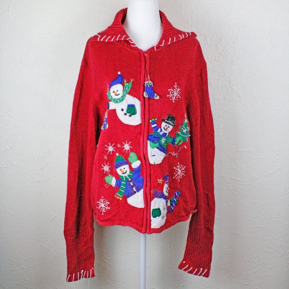 Dressbarn red Christmas holiday sweater zip up cardigan with snowmen size XL